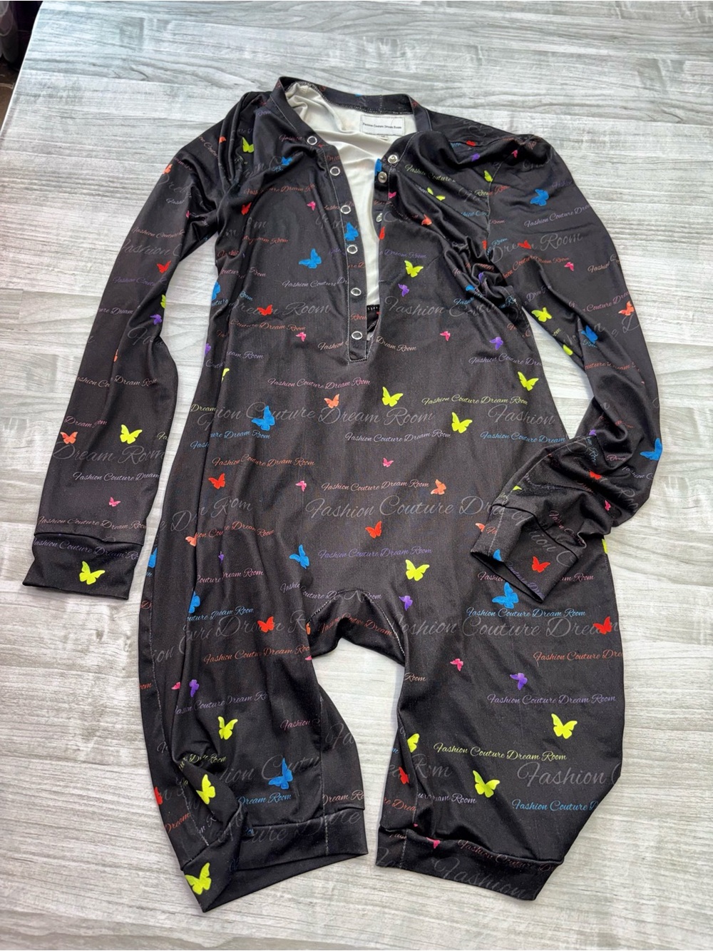 Black Long-Sleeve Women’s Pajama Romper with Multicolor Butterfly Print medium